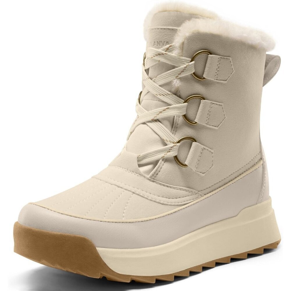 Women Beige Faux Fur Collar Ankle Booties with Microfleece Lining Anti-Slip Sole